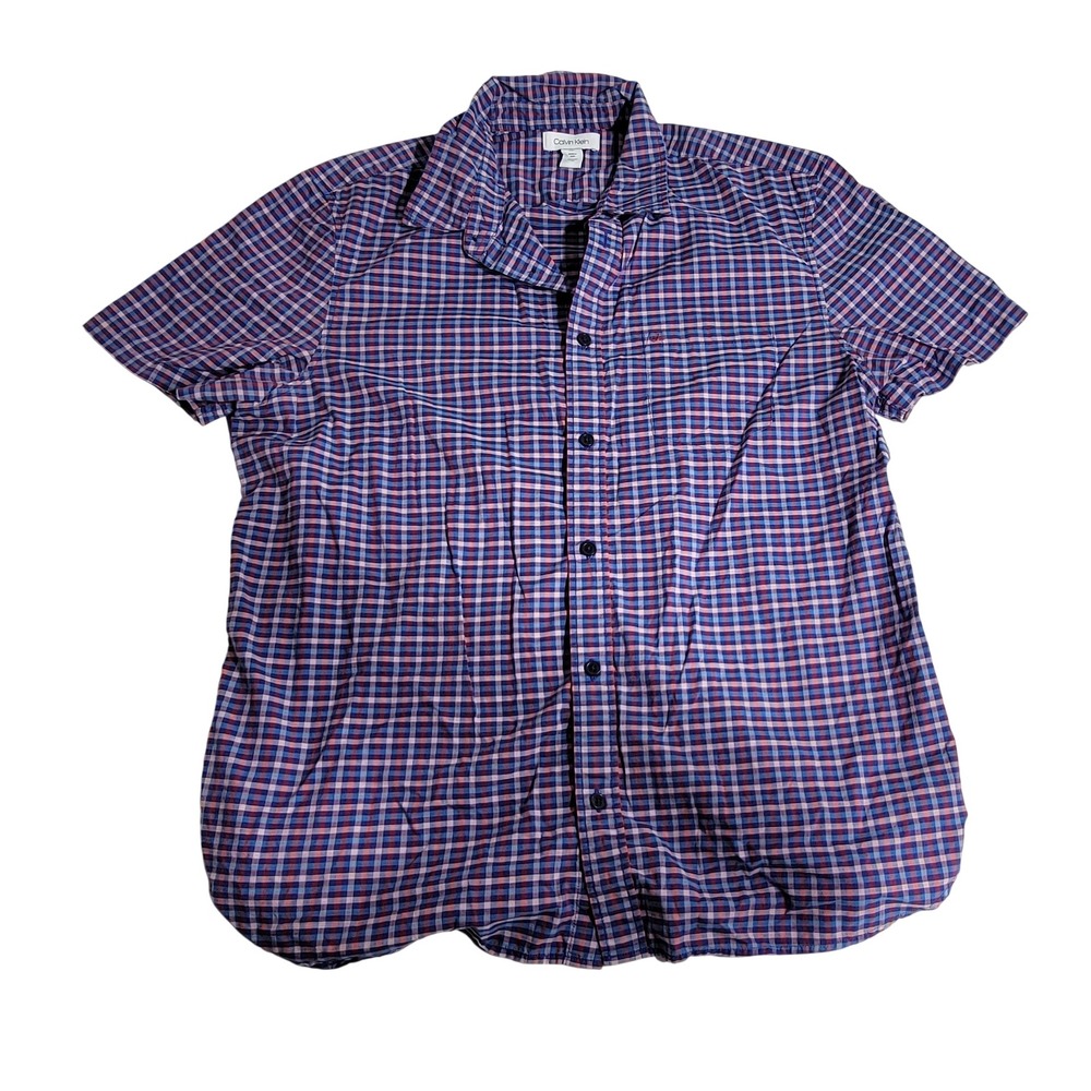 Calvin Klein Mens Short Sleeve Plaid Button Down Shirt Blue Red White Large